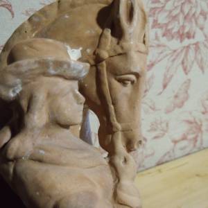 Antike Figur Terracotta Pferd Reiter Frau Hund Handarbeit Skulptur Kaminfigur Landhaus Cottage Home Decor Old Interior R Bild 2
