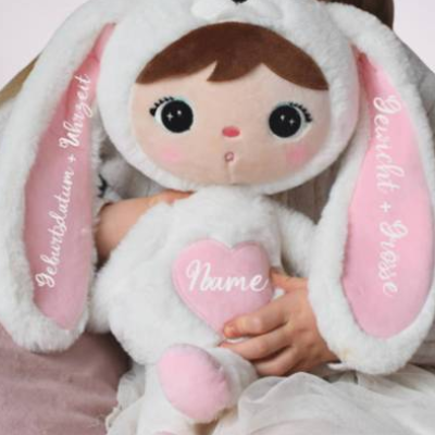 Plüschtier Hase personalisiert kuschelweich Baby Mädchen weiß rosa 46 cm