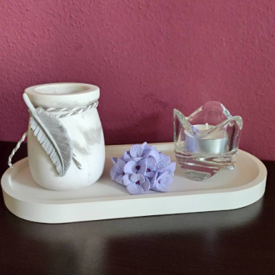 Geschenkset  ** Ovales Tablett mit Vase, Hortensienblüte und Teelicht **