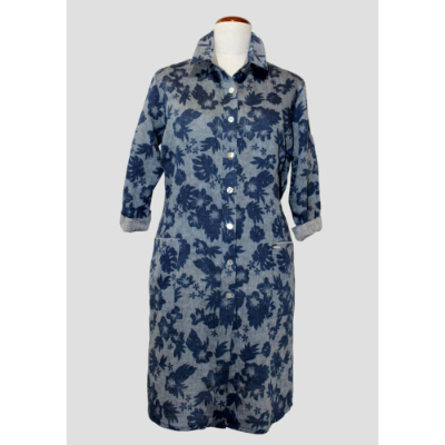 Damen Hemd Kleid Motiv Blumendruck in Jeans Optik Blau/Grau