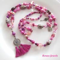 Bettelkette Kette lang pink rosa silberfarben mit Quasten Anhänger Perlenkette Boho Ibiza Hippie Kette Handgefertigt Bild 1