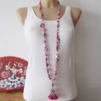 Bettelkette Kette lang pink rosa silberfarben mit Quasten Anhänger Perlenkette Boho Ibiza Hippie Kette Handgefertigt Bild 2