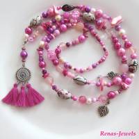 Bettelkette Kette lang pink rosa silberfarben mit Quasten Anhänger Perlenkette Boho Ibiza Hippie Kette Handgefertigt Bild 4
