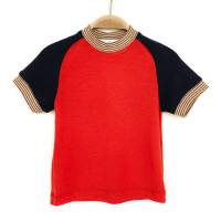 T-Shirt, Merinowolle Seide, 92/98, mohnrot marineblau, kurzärmlig, Upcycling, Oberteil, Raglanshirt, Trikot Bild 1