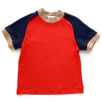 T-Shirt, Merinowolle Seide, 92/98, mohnrot marineblau, kurzärmlig, Upcycling, Oberteil, Raglanshirt, Trikot Bild 3