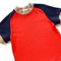 T-Shirt, Merinowolle Seide, 92/98, mohnrot marineblau, kurzärmlig, Upcycling, Oberteil, Raglanshirt, Trikot Bild 4
