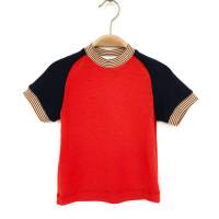 T-Shirt, Merinowolle Seide, 92/98, mohnrot marineblau, kurzärmlig, Upcycling, Oberteil, Raglanshirt, Trikot Bild 5