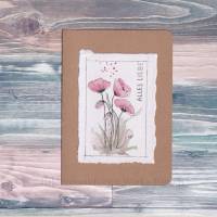 Grußkarte - ALLES LIEBE, handgemaltes Unikat, Aquarellbild Mohnblumen minimalistisch mit Büttenrand auf Kraftpapier Bild 2