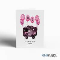 A6 Geburtstagskarte Glück auf rosa Ballons | Ruhrpott | Kohlenlore Aquarell Zeichnung | Personalisiert Alter Name Bild 1
