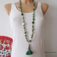 Bettelkette Kette lang grün silberfarben mit Quasten Anhänger Perlenkette Boho Kette Handgefertigt Bild 1