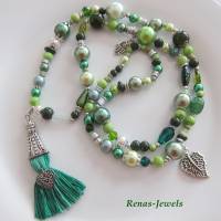Bettelkette Kette lang grün silberfarben mit Quasten Anhänger Perlenkette Boho Kette Handgefertigt Bild 3