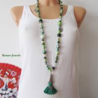 Bettelkette Kette lang grün silberfarben mit Quasten Anhänger Perlenkette Boho Kette Handgefertigt Bild 4