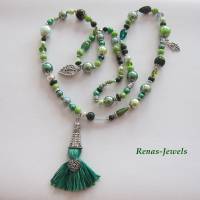Bettelkette Kette lang grün silberfarben mit Quasten Anhänger Perlenkette Boho Kette Handgefertigt Bild 5