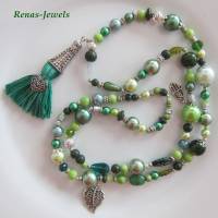 Bettelkette Kette lang grün silberfarben mit Quasten Anhänger Perlenkette Boho Kette Handgefertigt Bild 6