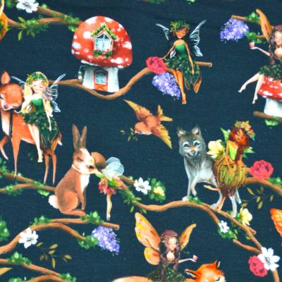 ♕ Jersey Digitaldruck mit Elfen Feen marineblau Pilz 50 x 145 cm Nähen Elastisch ♕