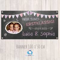 Banner zur Einschulung - Zwillinge - 100 x 50 cm - mit Foto personalisierbar | Tafeloptik - rosa Wimpel Bild 1