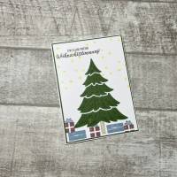 Grußkarte zu Weihnachten „Eine kleine Portion Weihnachtsstimmung“, Tannenbaum mit Geschenke, Weihnachtskarte, Handarbeit Bild 1