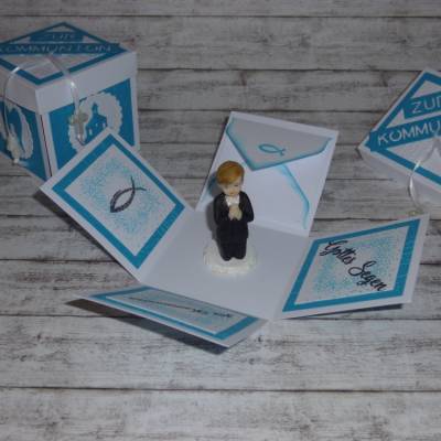 Überraschungs-Box / Explosionsbox "Kommunion" Mädchen, Junge, Geschenk, Geldgeschenk, blau, Handmade