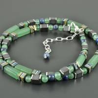 Halskette mit Aventurin Dumortierit und Hämatit, Verschluss 925er Silber Edelsteinkette grün blau grau zart eckig Bild 3