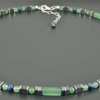 Halskette mit Aventurin Dumortierit und Hämatit, Verschluss 925er Silber Edelsteinkette grün blau grau zart eckig Bild 4