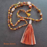 Bettelkette Kette lang orange silberfarben mit Quasten Anhänger Perlenkette Boho Kette Handgefertigt Bild 1