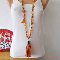 Bettelkette Kette lang orange silberfarben mit Quasten Anhänger Perlenkette Boho Kette Handgefertigt Bild 2