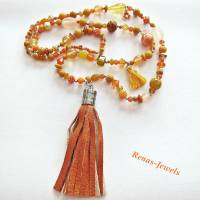 Bettelkette Kette lang orange silberfarben mit Quasten Anhänger Perlenkette Boho Kette Handgefertigt Bild 5