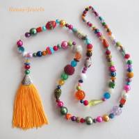 Bettelkette lang bunt silberfarben Quaste Anhänger Boho Ibiza Hippie Kette Perlenkette Perlen bunt handgefertigt Bild 2