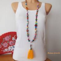 Bettelkette lang bunt silberfarben Quaste Anhänger Boho Ibiza Hippie Kette Perlenkette Perlen bunt handgefertigt Bild 5