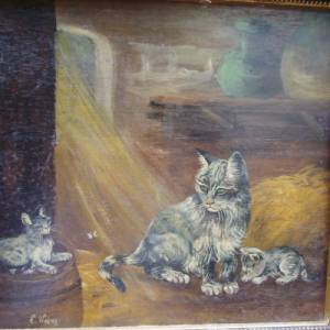 Antik Ölgemälde Ölbild Katzen Kätzchen E. Weber Landhaus Cottage Bild 2