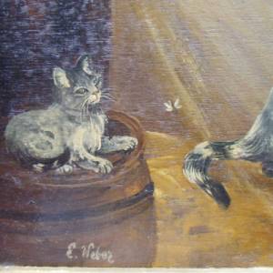 Antik Ölgemälde Ölbild Katzen Kätzchen E. Weber Landhaus Cottage Bild 3
