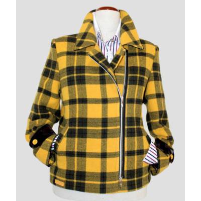  Damen Woll-Jacke | Mix-Karo in Braun + Gelb | Hochwertiger Wollstoff