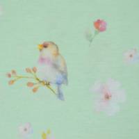 ♕ zartgrüner Jersey mit Vögeln Zweigen und Blumen  50 x 150 cm Stoff Nähen ♕ Bild 3