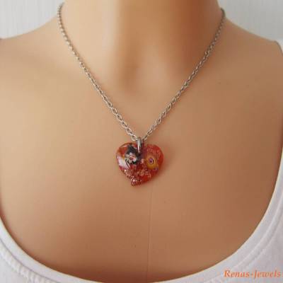Kette mit Glas Millefiori Herz Anhänger orange bunt silberfarben Halskette kurze Herzkette Glaskette
