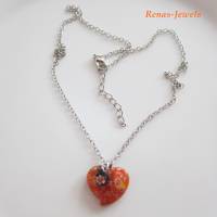 Kette mit Glas Millefiori Herz Anhänger orange bunt silberfarben Halskette kurze Herzkette Glaskette Bild 5