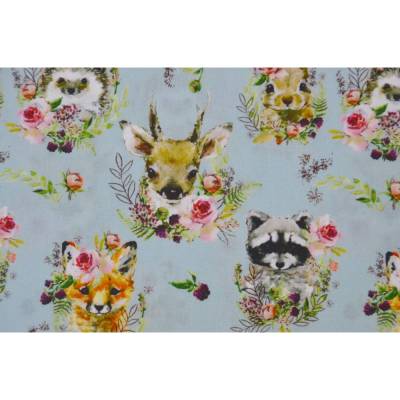 ♕ Baumwollstoff hellblau mit Waldtieren Boho Reh Fuchs Dachs 50 cm x 150 cm ♕