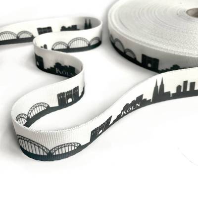 Gurtband Skyline Köln 30mm schwarz/weiß – Polyester-Band mit Kölner Dom & Hohenzollernbrücke