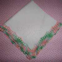 Taschentuch Baumwolle in Weiß mit Häkelspitze in hellgrün-grün-rosa-meliert Handarbeit Vintage 1980er Jahren Bild 2
