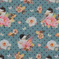 ♕ jeansblauer Jersey mit Vögeln und Blumen Rosen Stenzo 50 x 150 cm Stoff Nähen ♕ Bild 2