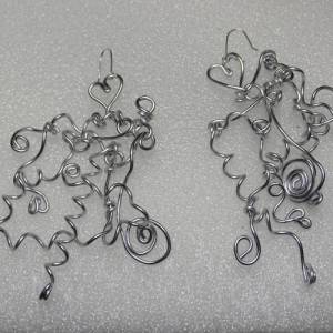 Kreativer Silberdraht Ohrringe- Chaos aus Kreisen, Herzen & Spiralen, 925 Sterling Silber Ohrhaken, 10x6,5 cm groß Handg Bild 1