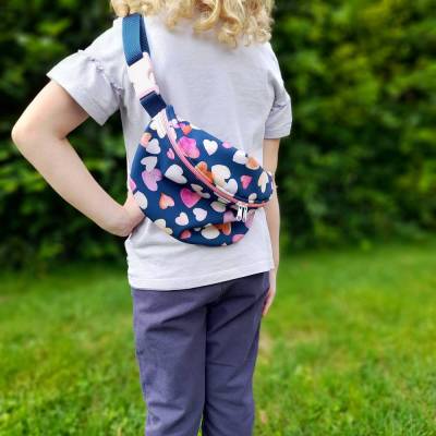 Große Kinder Bauchtasche Herzen rosa-dunkelblau mit verstellbarem Gurt