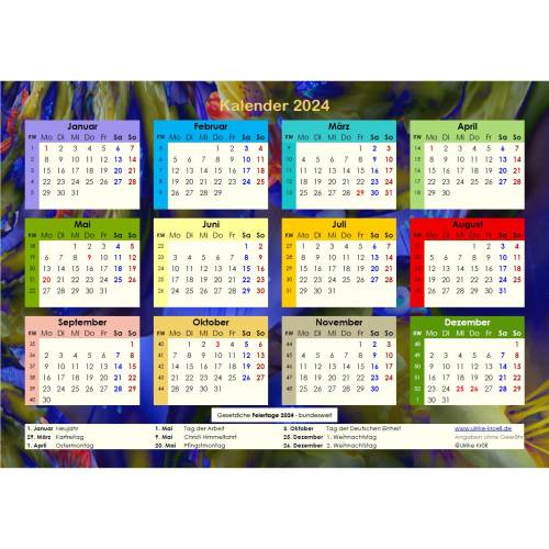Ihr Jahreskalender 2024 auf einen Blick mit Blue Lights  –  PDF – DIN A4 zum Ausdrucken