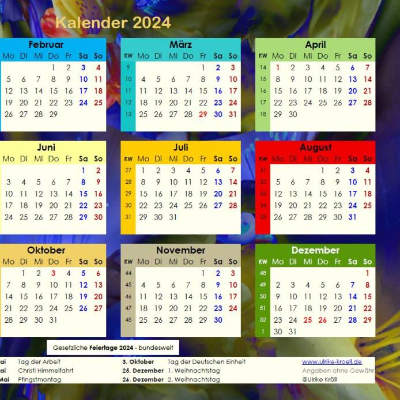 Ihr Jahreskalender 2024 auf einen Blick mit Blue Lights  –  PDF – DIN A4 zum Ausdrucken