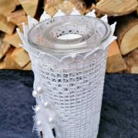 Teelichtglas Naschi Glas häkeln mit Häkelüberzug weiß Bild 3