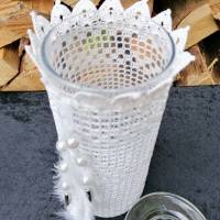 Teelichtglas Naschi Glas häkeln mit Häkelüberzug weiß Bild 5