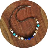 Halskette | Lapislazuli Jaspis Howlith Puka Muscheln Kokos | blau braun türkis weiß Bild 2