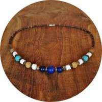Halskette | Lapislazuli Jaspis Howlith Puka Muscheln Kokos | blau braun türkis weiß Bild 5