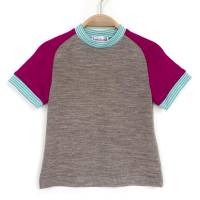 T-Shirt, Merinowolle Kaschmir,  92/98, braun pink türkis, kurzärmliges Oberteil, Upcycling, Raglanshirt, Trikot Bild 1