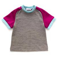 T-Shirt, Merinowolle Kaschmir,  92/98, braun pink türkis, kurzärmliges Oberteil, Upcycling, Raglanshirt, Trikot Bild 3