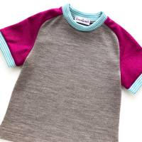 T-Shirt, Merinowolle Kaschmir,  92/98, braun pink türkis, kurzärmliges Oberteil, Upcycling, Raglanshirt, Trikot Bild 4